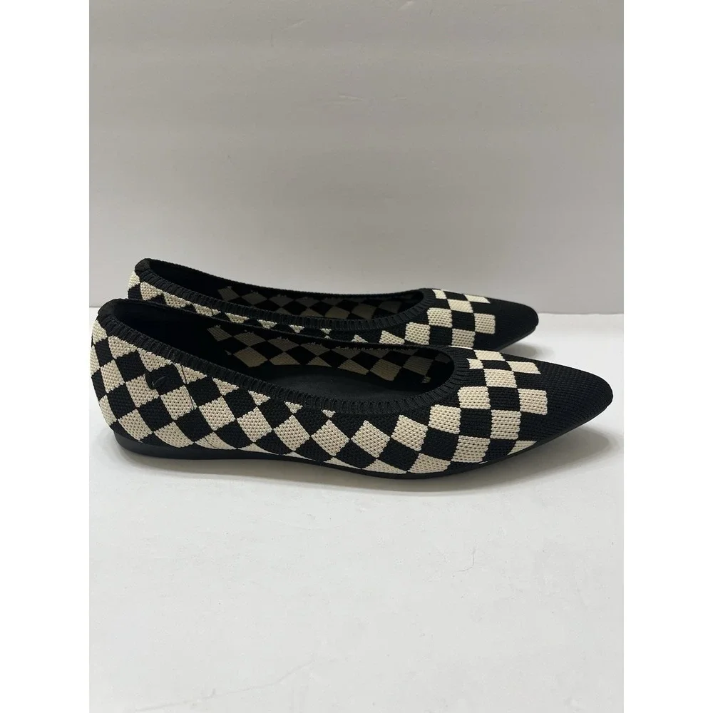 Vavaia Aria 5 Ballet Flats Pointed-Toe Black Cream Checkered Women's 39.5 Knit